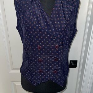Vintage Margos Blue Buttoned Vest Blouse Notched Collar Sleeveless Size M